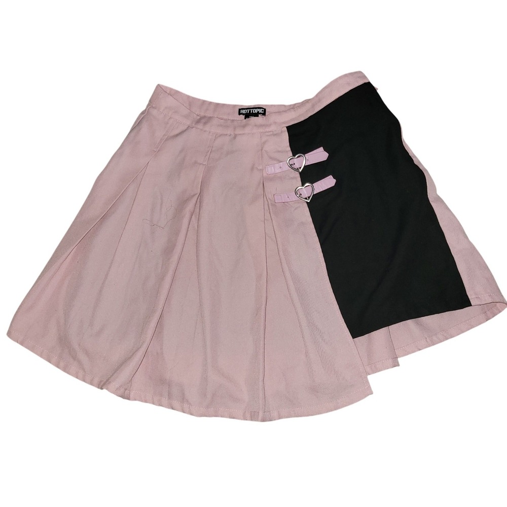 Hot Topic Pink Black Pleated Skirt Heart Buckle Goth Grunge XL schoolgirl whimsy